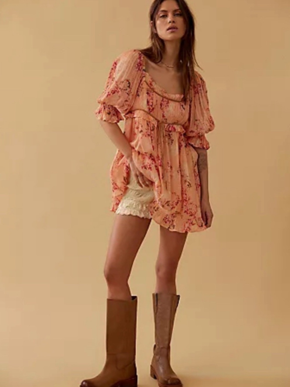 Free People Marney Mini Babydoll Dress Floral Puff Sleeve Velvet Ribbon